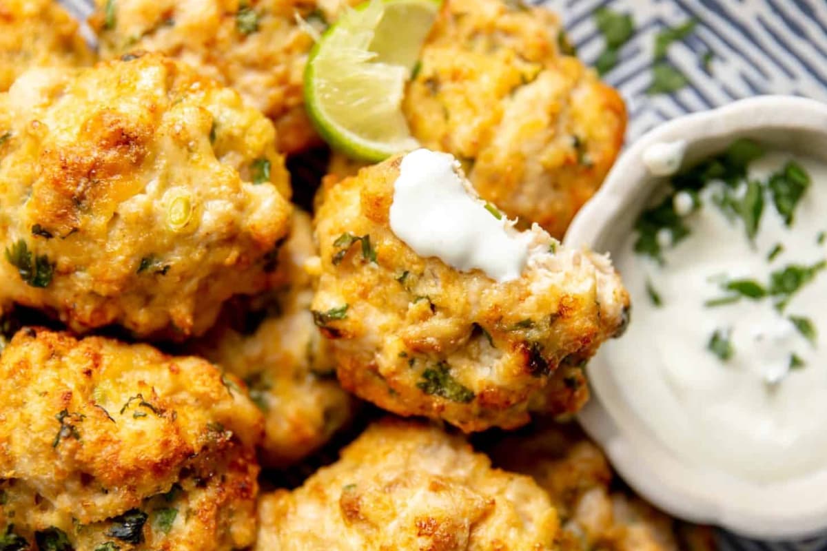 A plate of Cheesy Chicken Fritters (Air Fryer Recipe).