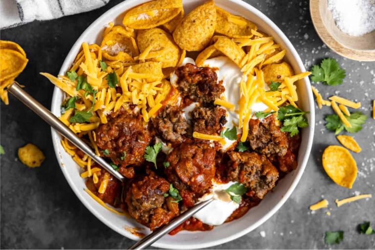 A bowl of meatball chili.