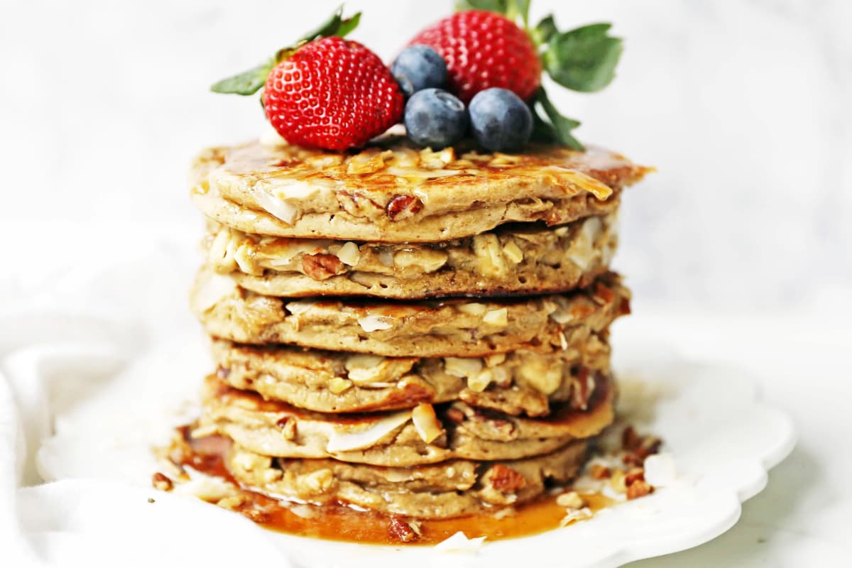 A plate of Nutty Granola Pancakes.