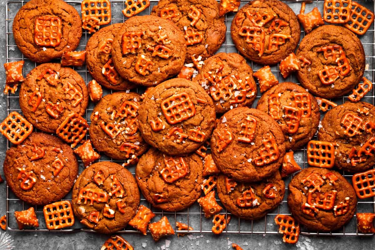 A rack of Peanut Butter Pretzel Cookies.