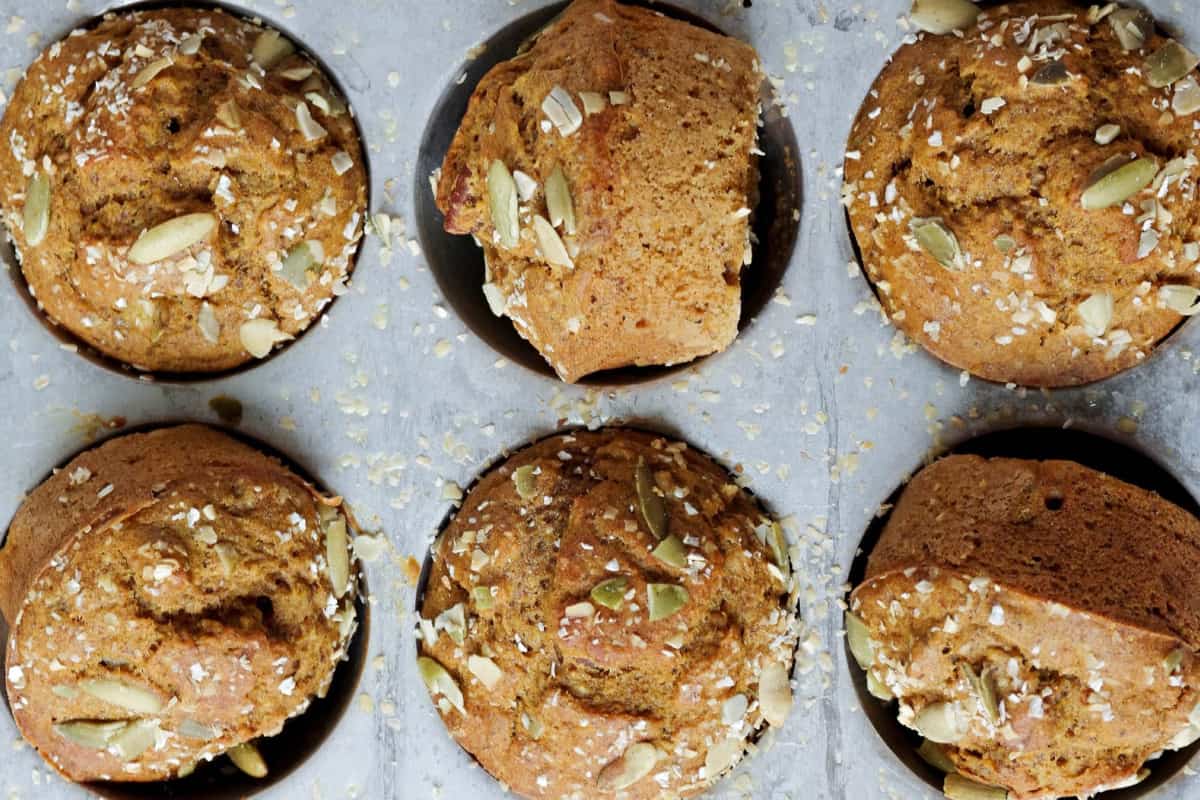 A tray of Healthy Pumpkin Muffins.