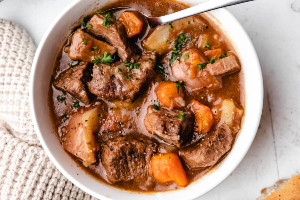 A bowl of Instant Pot Guinness Beef Stew.