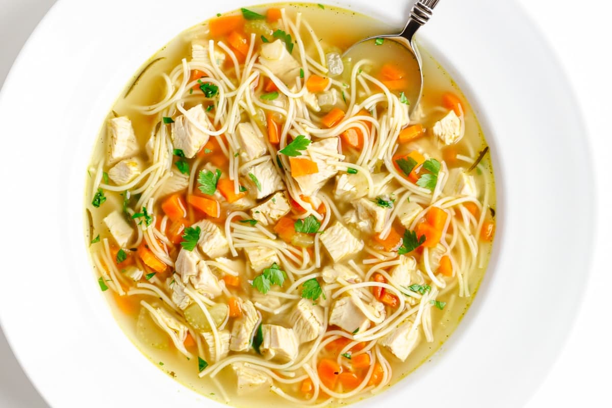 A bowl of Instant Pot Turkey Soup.