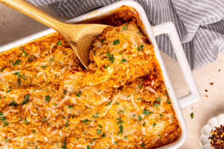 A dish of Spaghetti Squash Casserole with Ground Turkey.