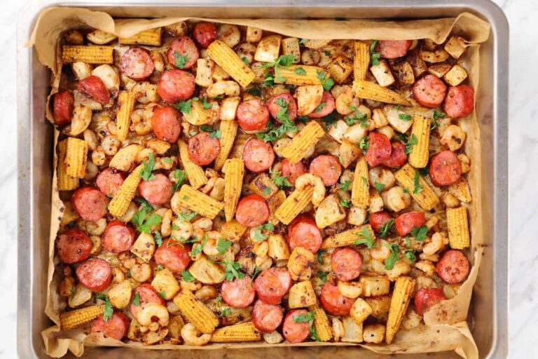 Over head image of Sheet Pan Shrimp Boil.
