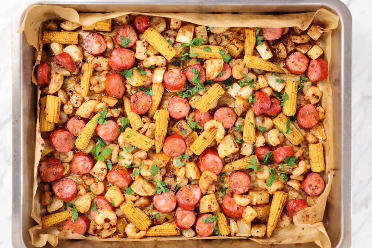 Over head image of Sheet Pan Shrimp Boil.