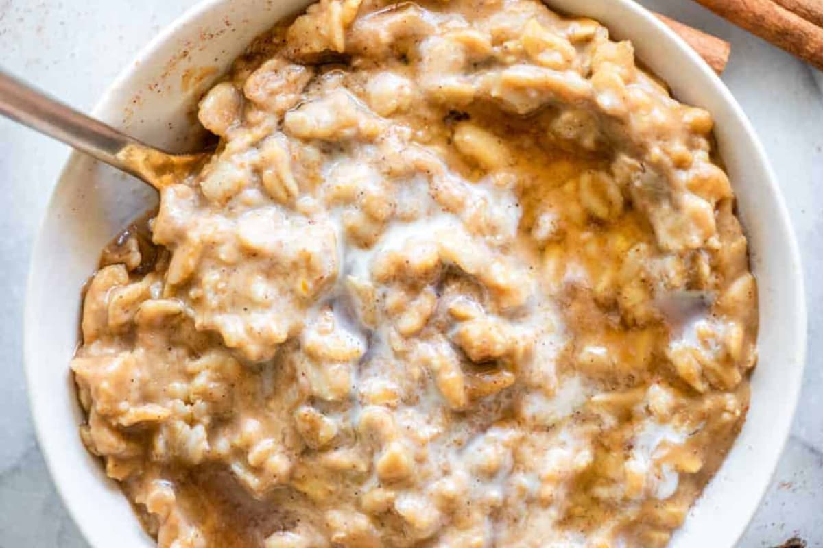 A bowl of Maple Cinnamon Pumpkin Oatmeal.