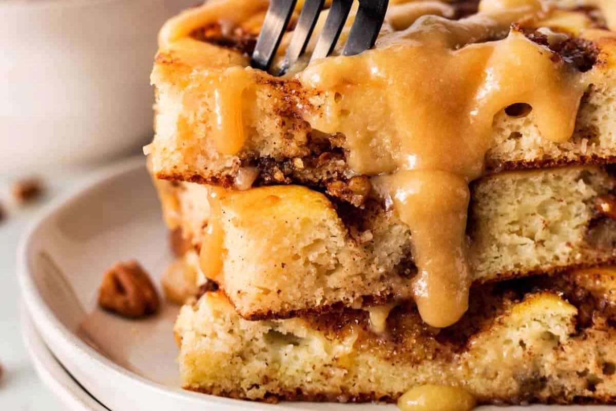 A plate of Sheet Pan Pancakes with Maple Pecan Crumble.