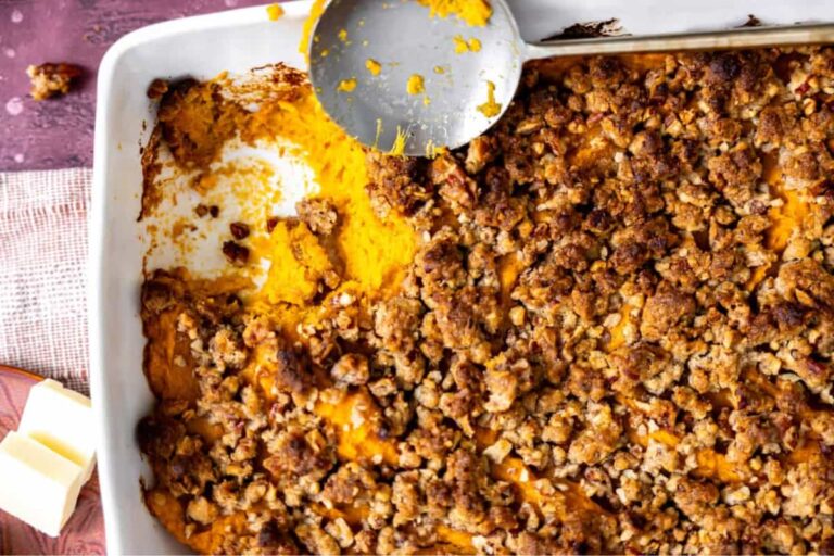 A dish of Sweet Potato Casserole.