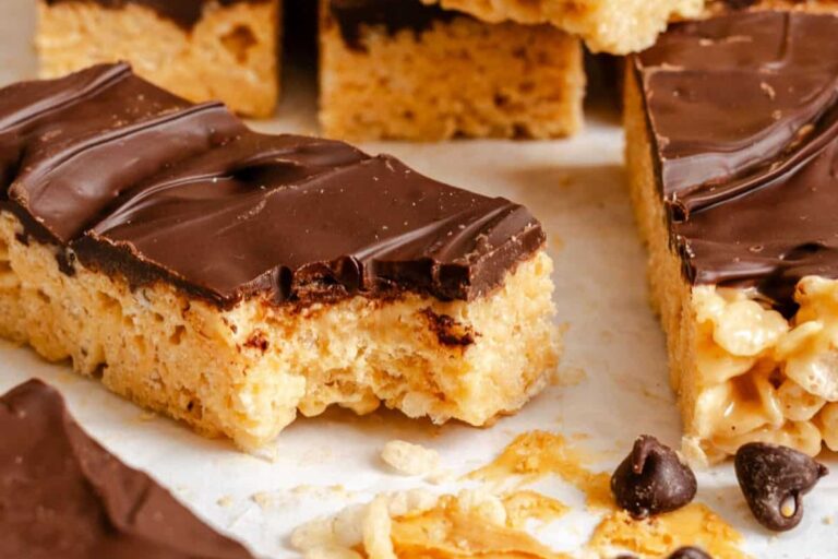 A plate of Peanut Butter Rice Krispies Treats.