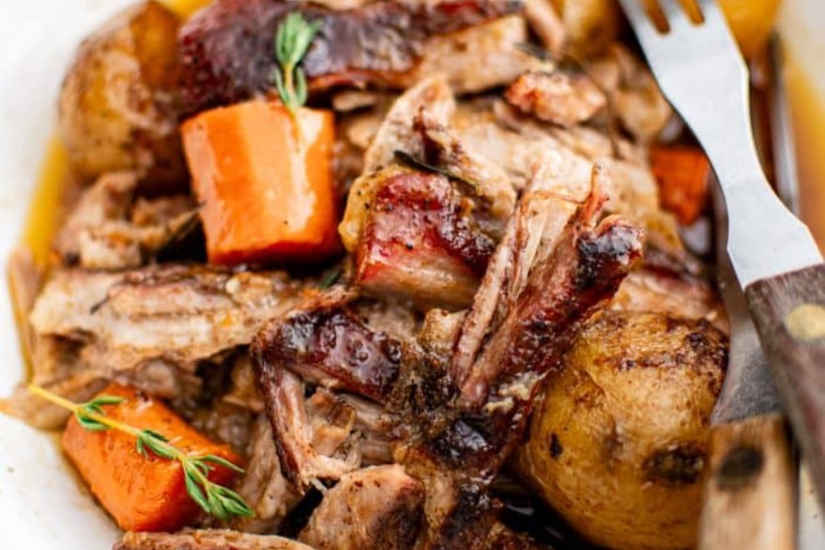 A dish of Dutch Oven Pork Roast (Easy One-Pot Recipe).