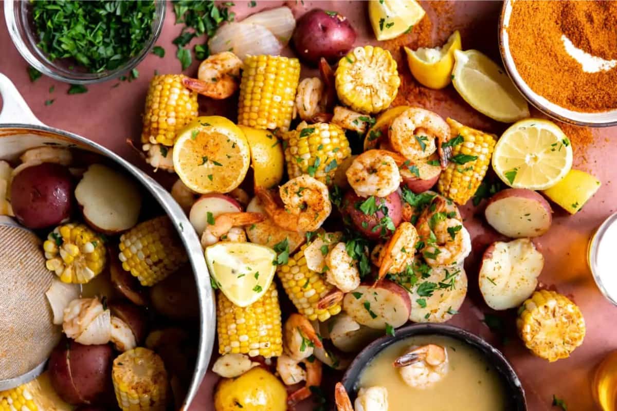 A tray of Shrimp Boil with Garlic Butter.
