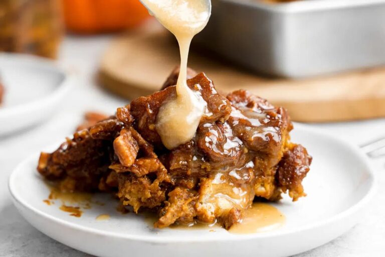 A plate of Pumpkin Bread Pudding.