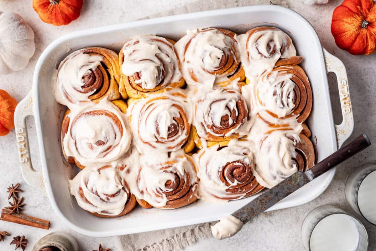 A dish of Pumpkin Cinnamon Rolls.