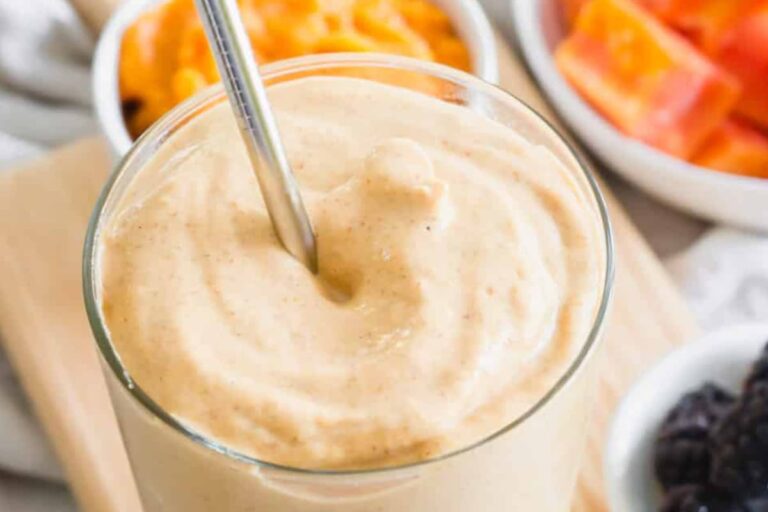 A glass of Pumpkin Papaya Smoothie.