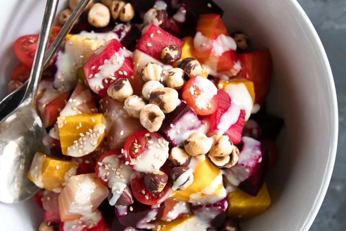 A bowl of Roasted Beet Salad with Miso Dressing.
