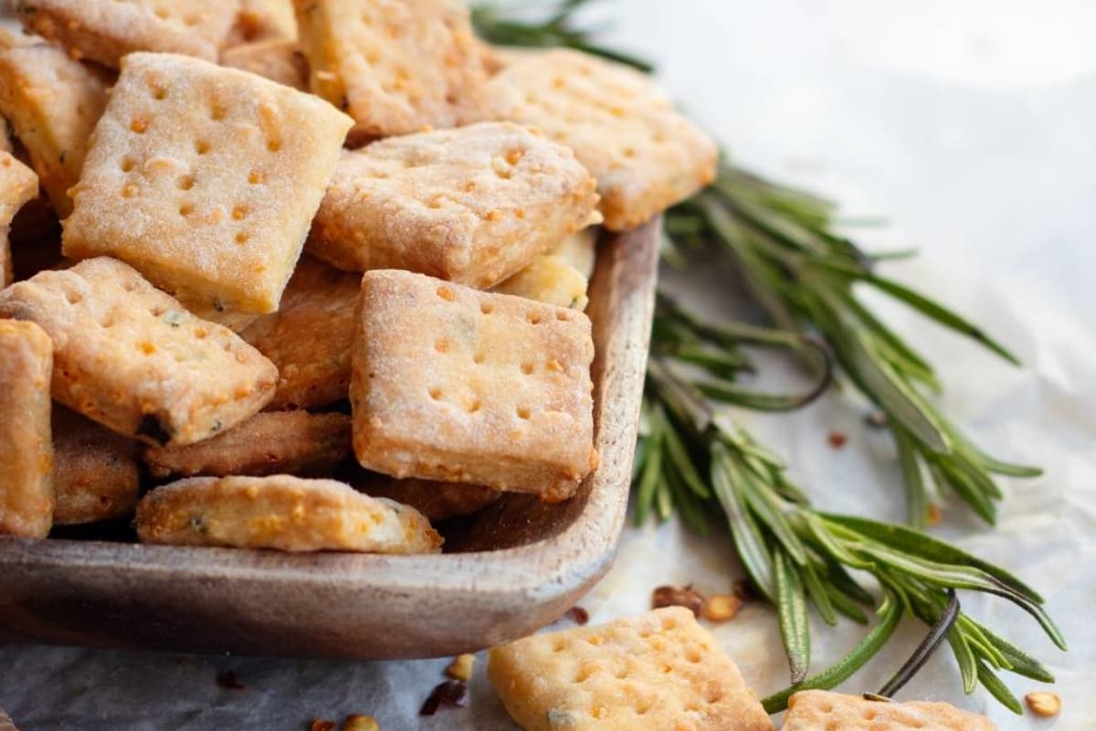 A plate of Rosemary Cheddar Cheese Crackers.