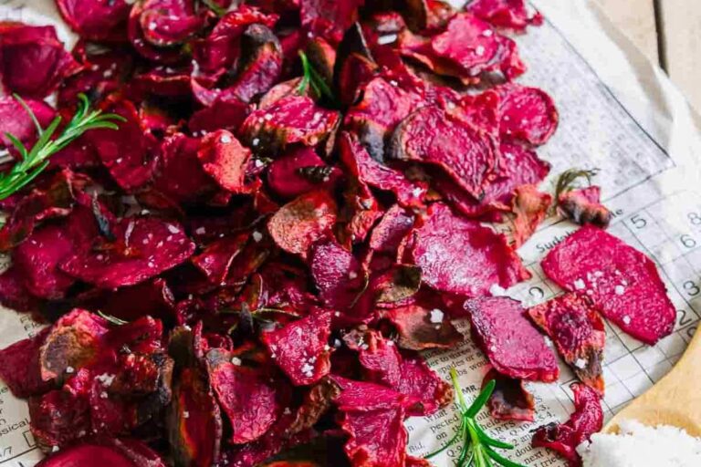 A pile of Salt and Vinegar Beet Chips.
