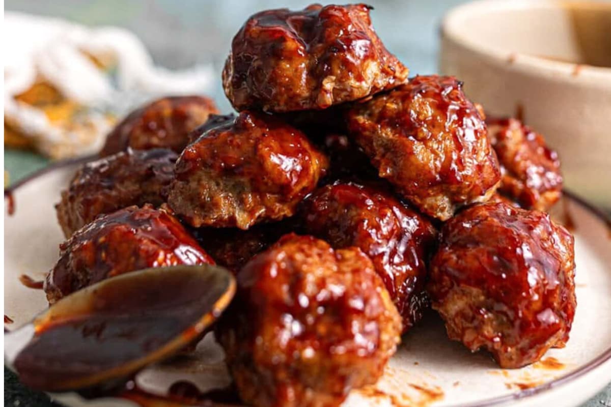 A plate of Sheet Pan BBQ Chicken Meatballs.