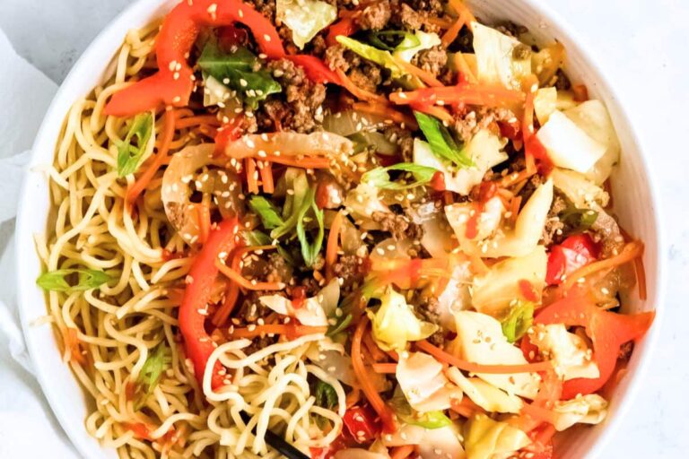 A plate of Ground Beef and Cabbage Stir-Fry.