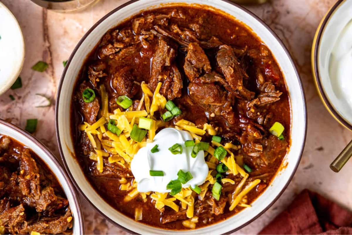 A bowl of Weeknight Chuck Roast Chili.
