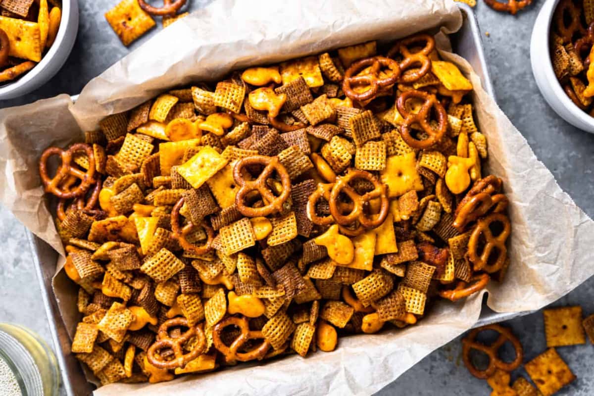 A pan of Spicy Chex Mix.