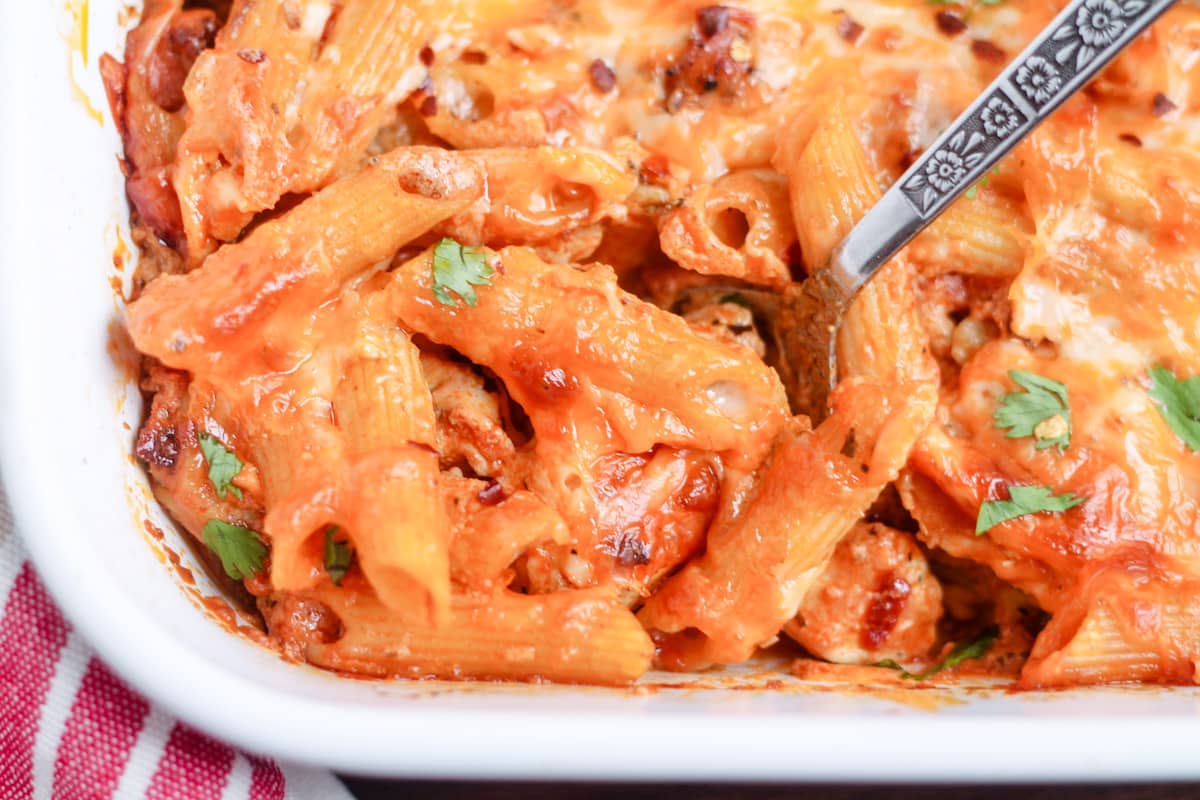 A dish of spicy chicken chipotle pasta.