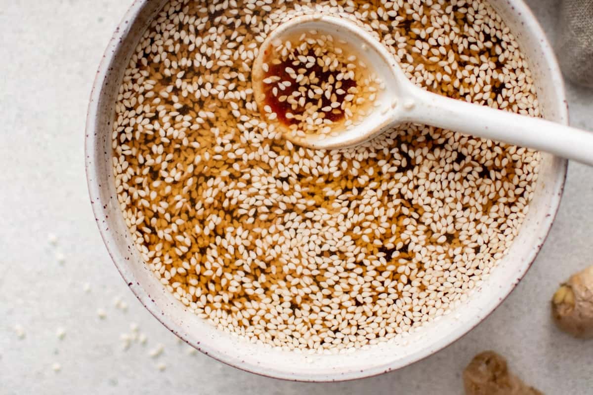 A dish of Spicy Sesame Dressing.