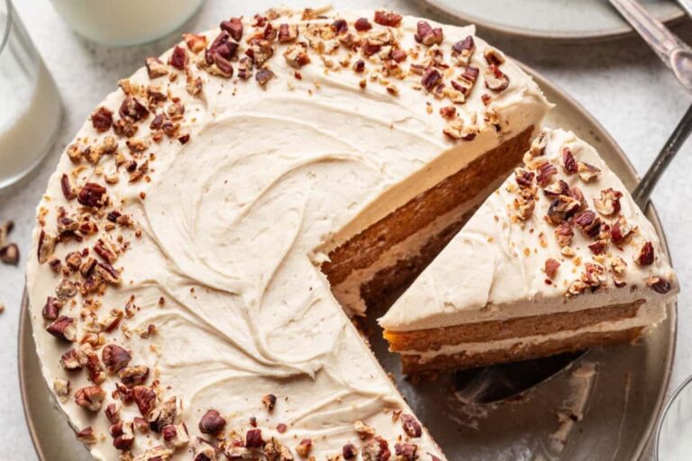 A plate of Sweet Potato Cake with Frosting.