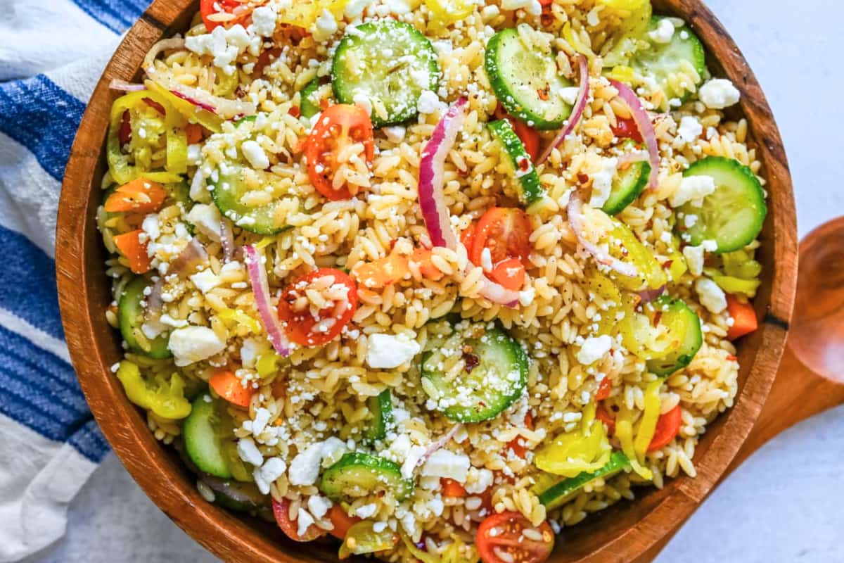 A bowl of Mediterranean Orzo Salad.