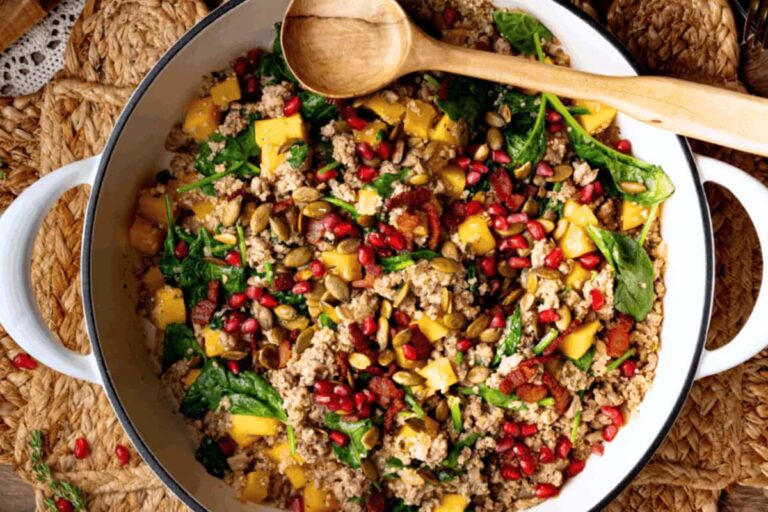 A pot of Turkey Quinoa Skillet with Butternut Squash.