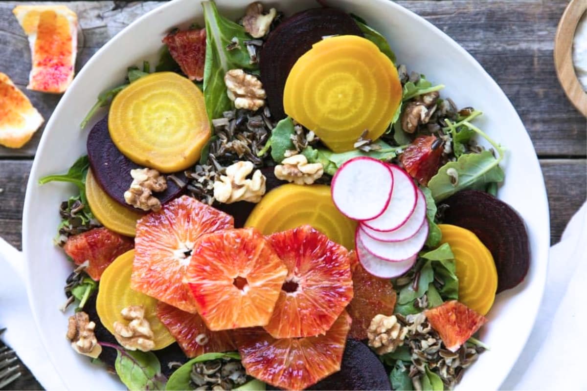 A bowl of Wild Rice Salad with Beets and Lemon Ricotta.