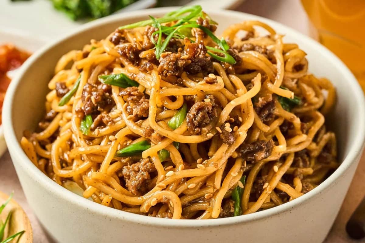 A bowl of Asian Ground Beef Noodles.