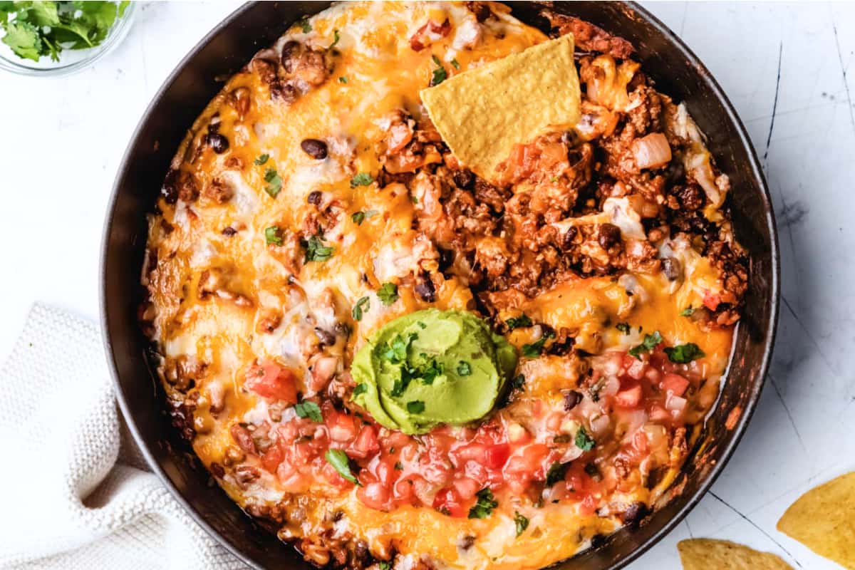 A dish of Cheesy Beef and Black Bean Casserole.