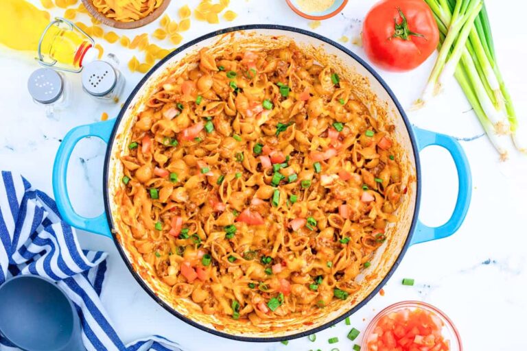 A dish of One-Pot Taco Beef Macaroni and Cheese.