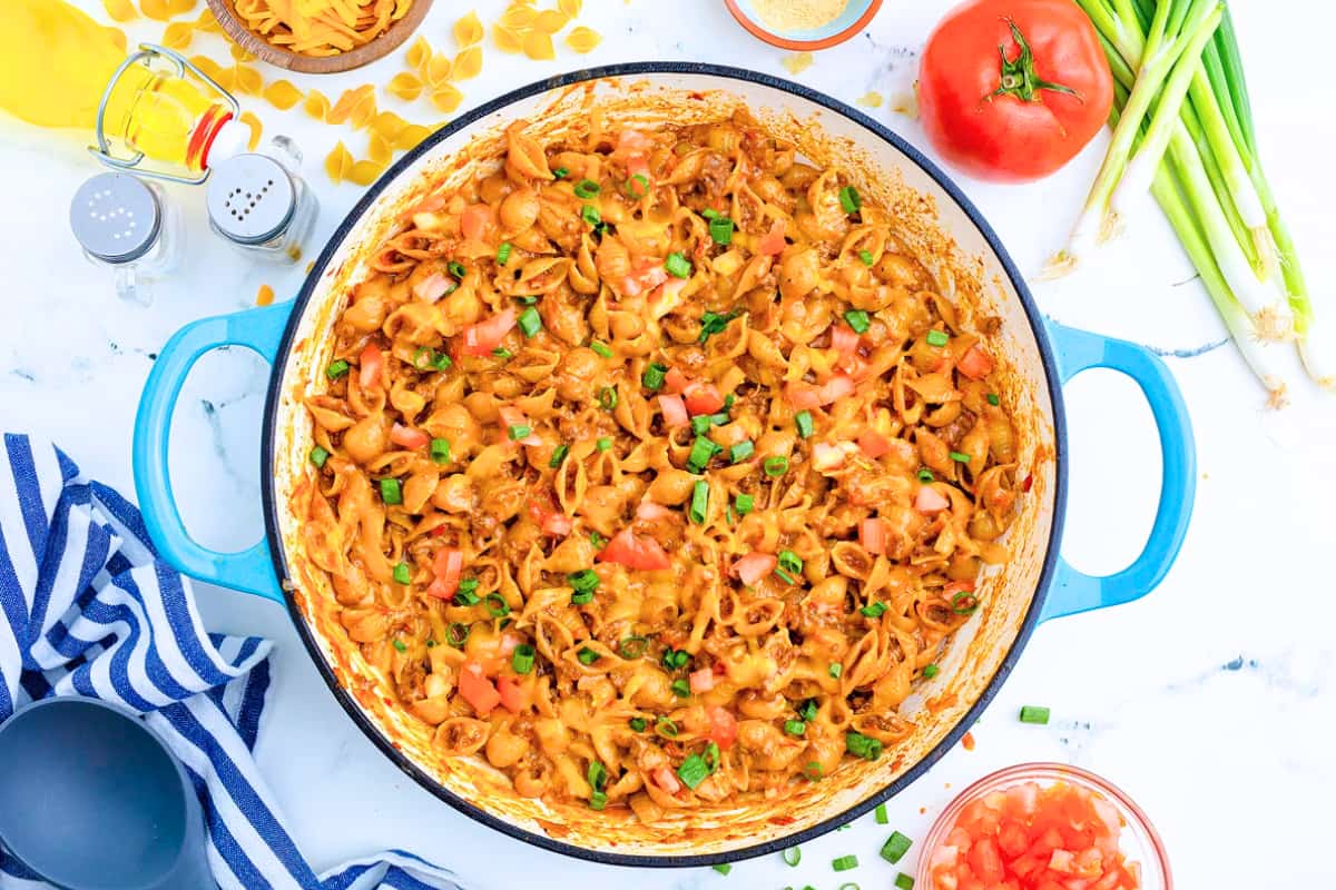 A dish of One-Pot Taco Beef Macaroni and Cheese.