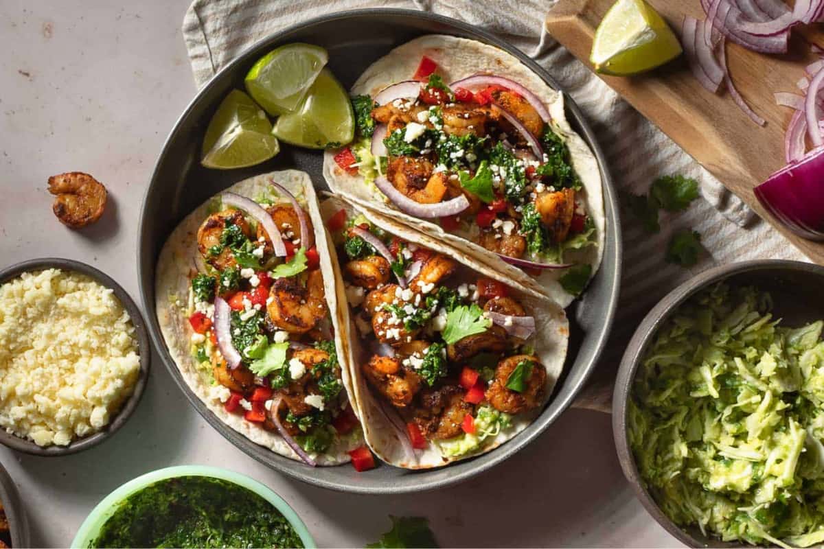 A plate of Chimichurri Shrimp Tacos.
