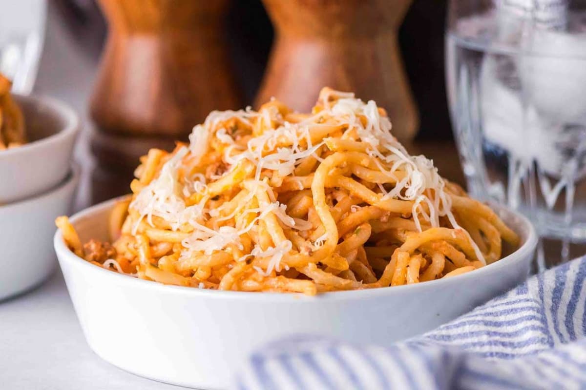 A bowl of Baked Cream Cheese Spaghetti.