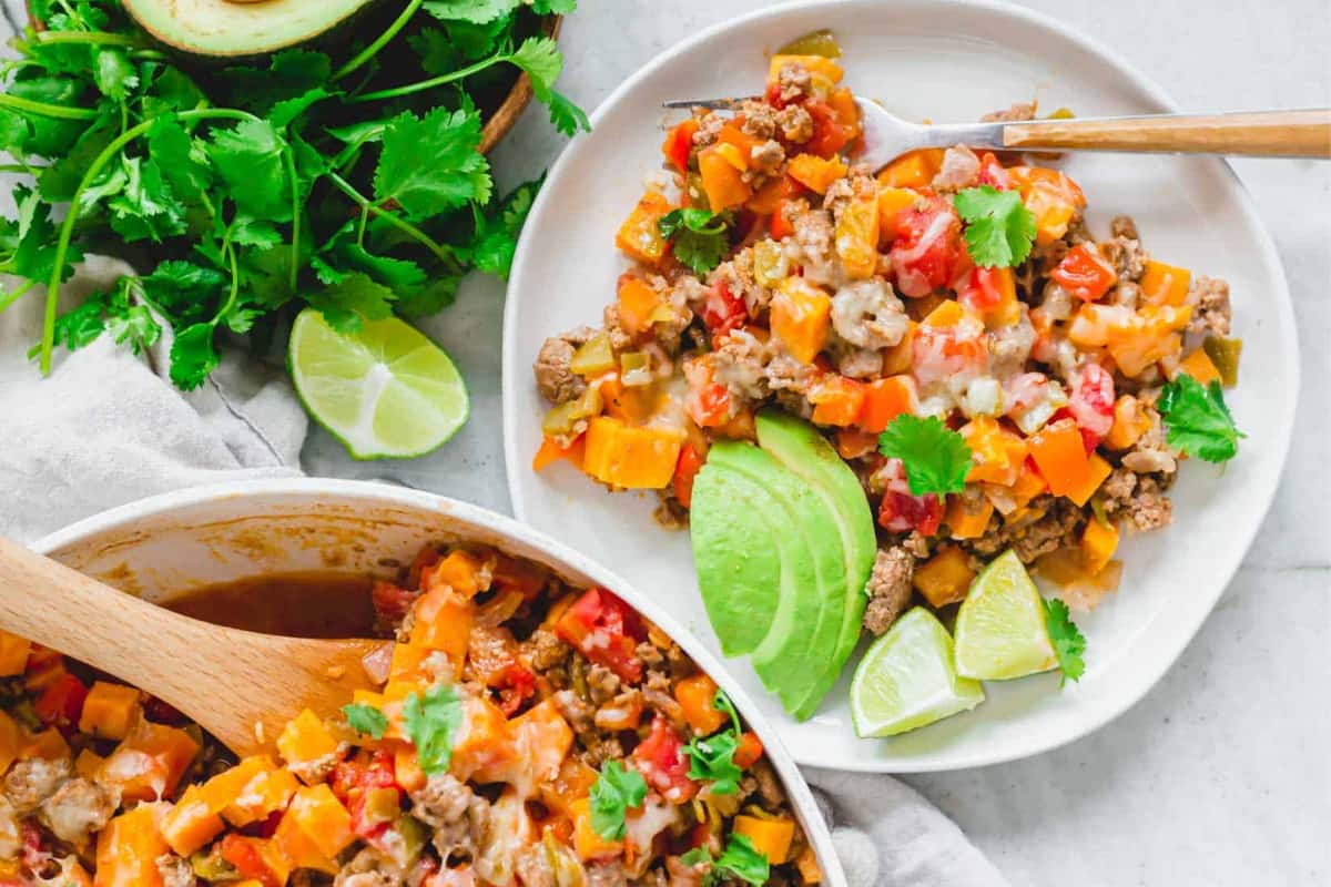 A dish of Ground Beef and Sweet Potato Skillet.