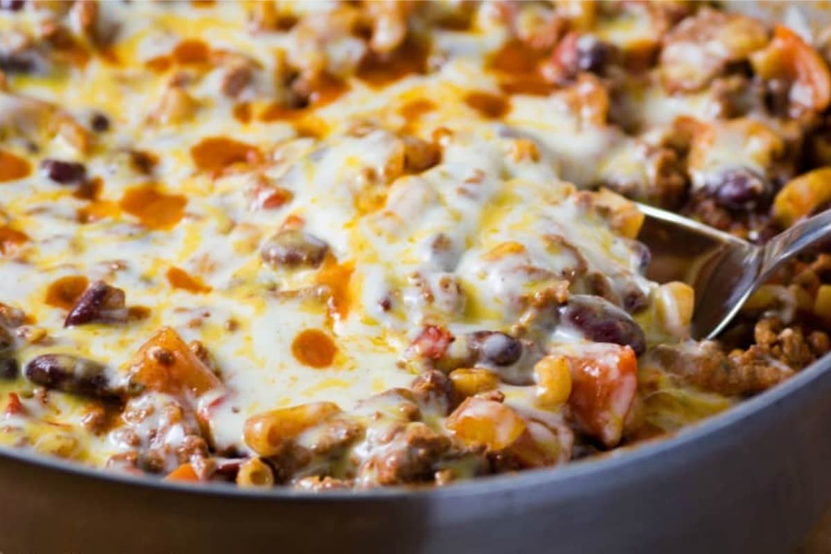 A dish of Easy Chili Mac Skillet Dinner.