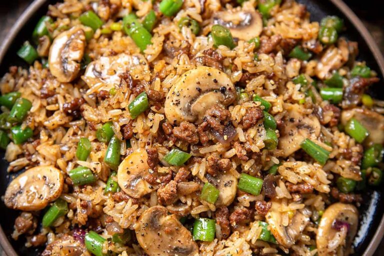 A dish of Easy Ground Beef Fried Rice.