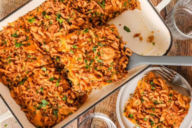 A dish of Cheesy Ground Beef and Rice Casserole.