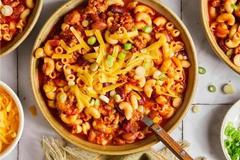 A bowl of High Protein Healthy Chili Mac.