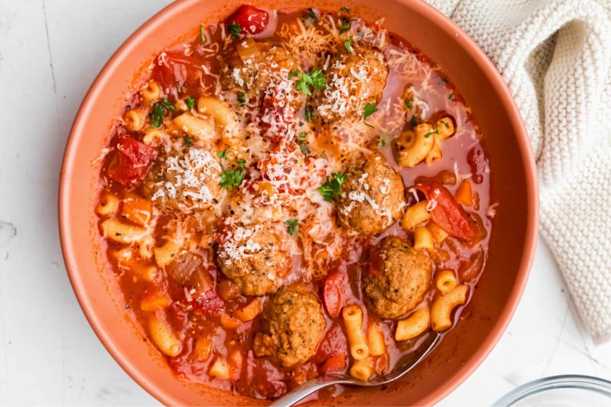 A bowl of Instant Pot Meatball Soup.