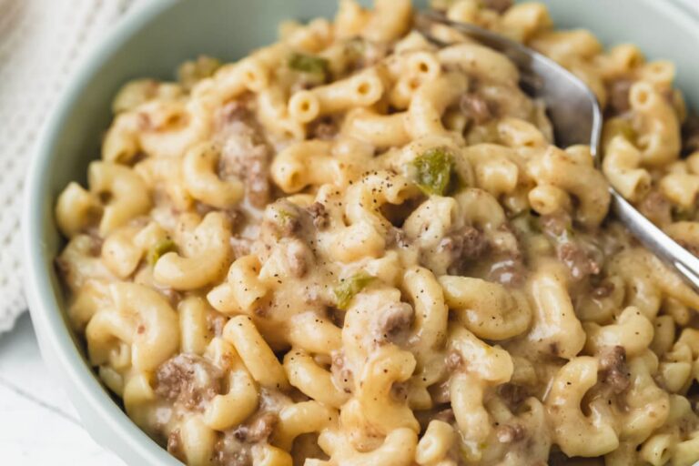 A dish of Instant Pot Philly Cheesesteak Pasta.