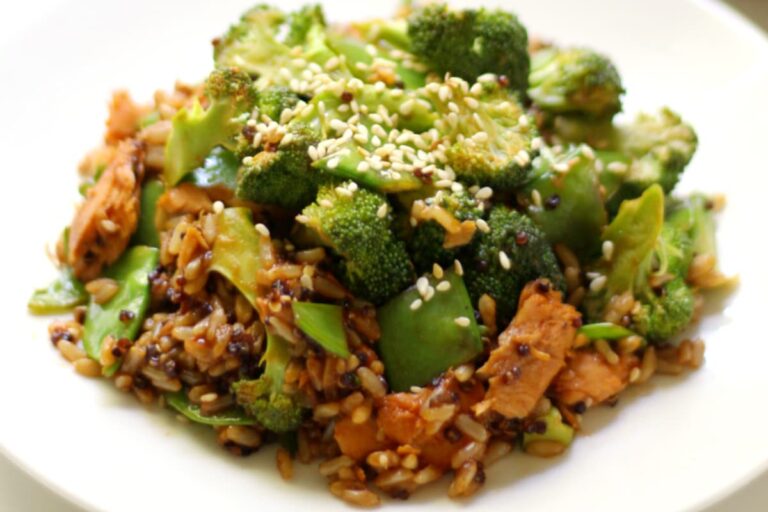 A plate of Korean BBQ Salmon Stir-Fry.