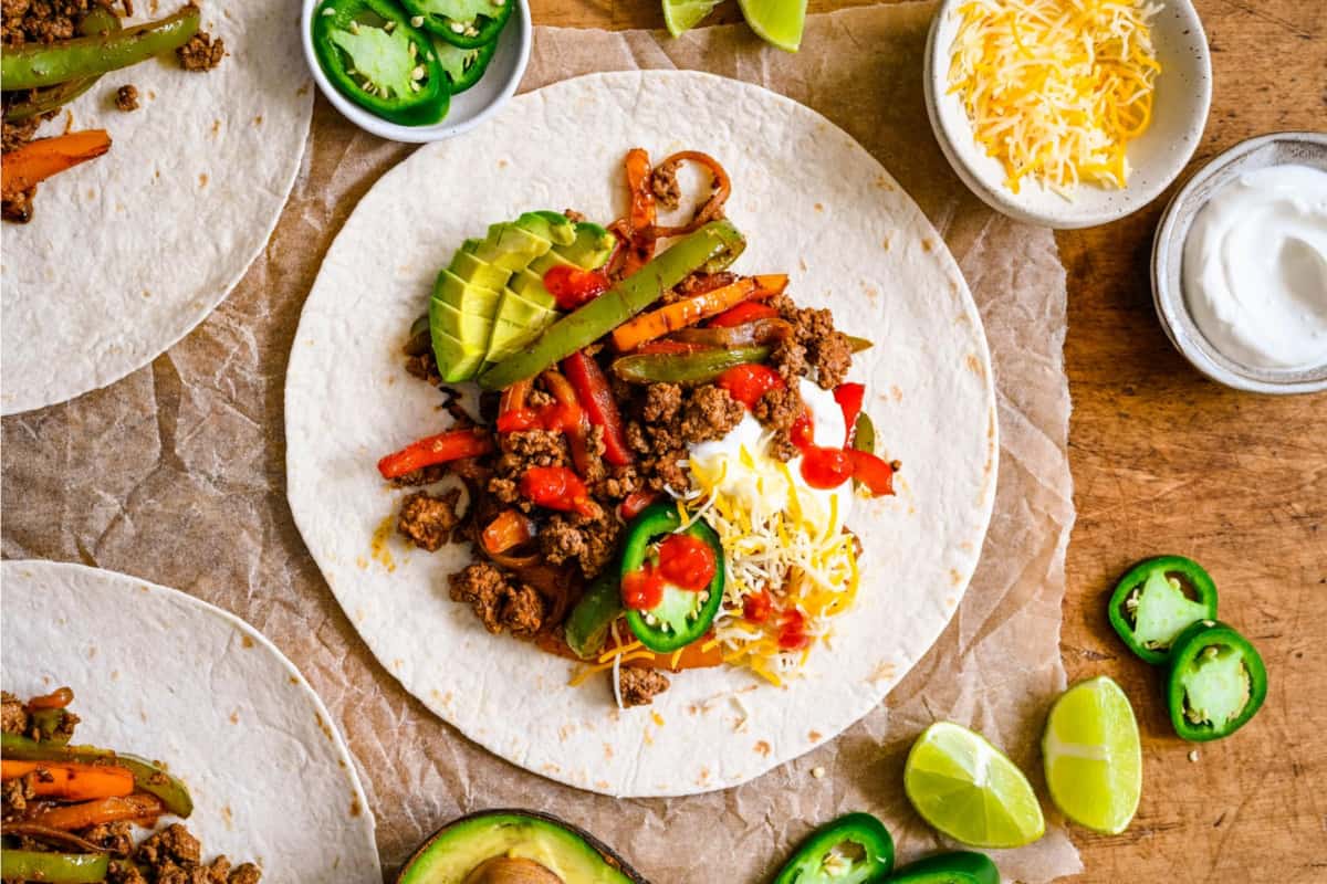 A plate of Ground Beef Fajitas.