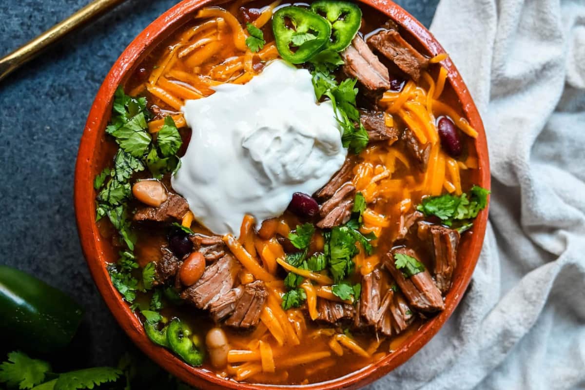 A bowl of Award-Winning Chuck Roast Beef Chili.