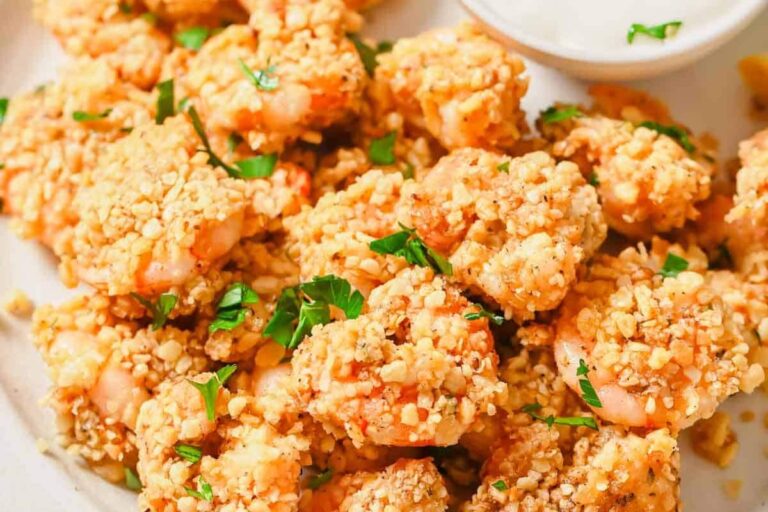 A plate of Easy Baked Popcorn Shrimp.