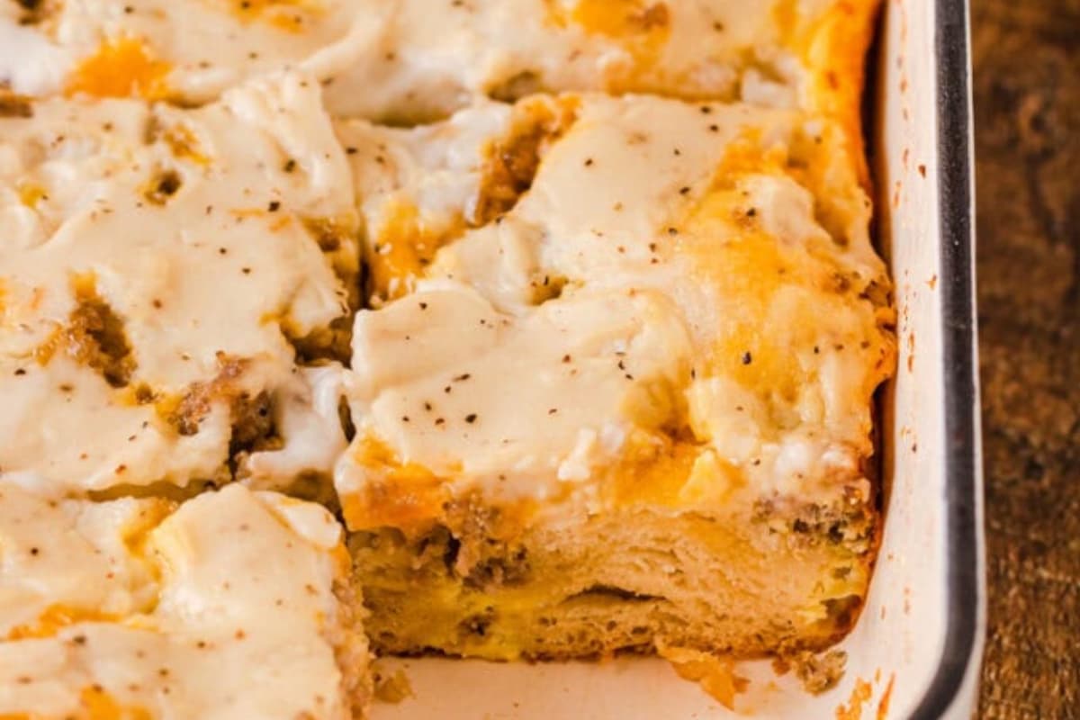 A dish of Biscuits and Gravy Breakfast Casserole.